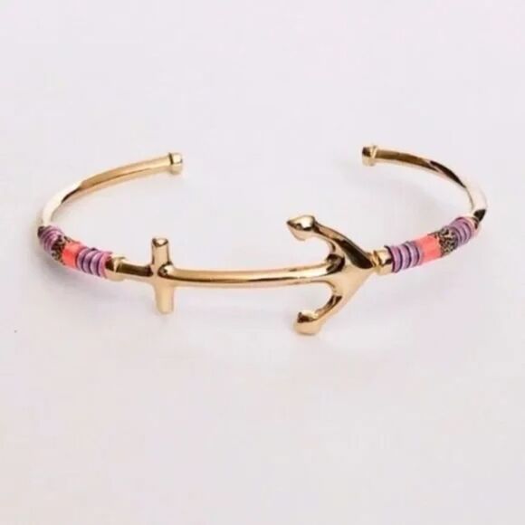 Stella & Dot Voyager Cuff – Pink & Orange Thread Wrap, Gold Anchor Bracelet - Picture 3 of 7